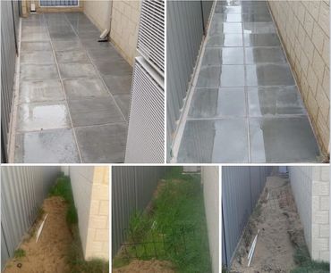 Before and after images of a narrow outdoor pathway showing cleaning and tiling.