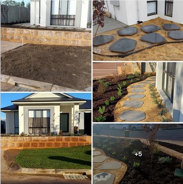 Transformation of a bare yard into a landscaped garden with stepping stones and plants.
