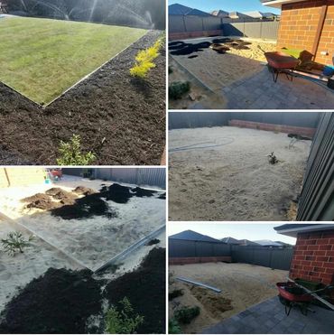 Backyard landscaping transformation from bare sand to lush green lawn with plants and mulch.