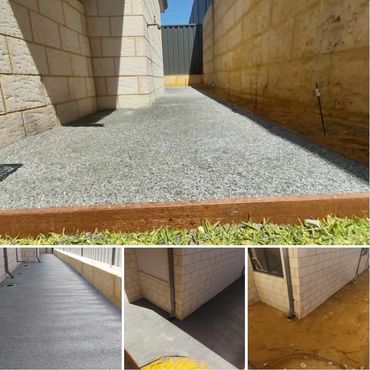 Four stages of preparing and finishing a house foundation area with gravel and concrete.