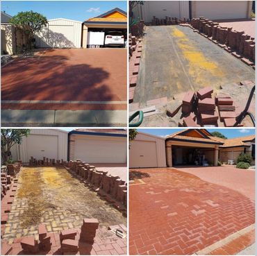 Four-stage driveway restoration process with brick removal, cleaning, and re-laying.