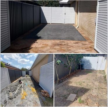 Backyard makeover showing before, during, and after paving work.
