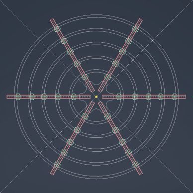 Top-down view of a symmetrical mechanical or architectural design with radial arms.