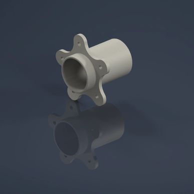 A cylindrical mechanical part with mounting holes, reflected on a glossy surface.