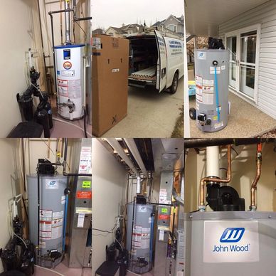 6 photos in one of how a water heater plumber does a new high efficient hot water tank installation.