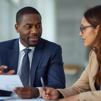Two professionals engaged in a focused business discussion.