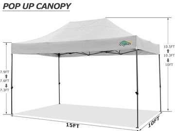 10x15 feet white pop-up canopy tent with height measurements.