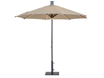 Beige outdoor patio umbrella with a sturdy black metal stand.