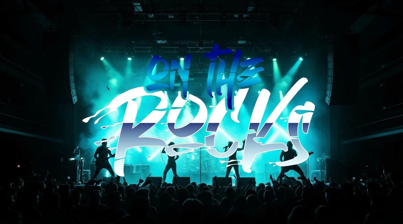 Silhouetted band performing on stage with vibrant blue lighting and "On The Rocks" text overlay.