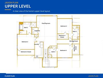 Upper level floor plan with bedrooms and bathrooms.