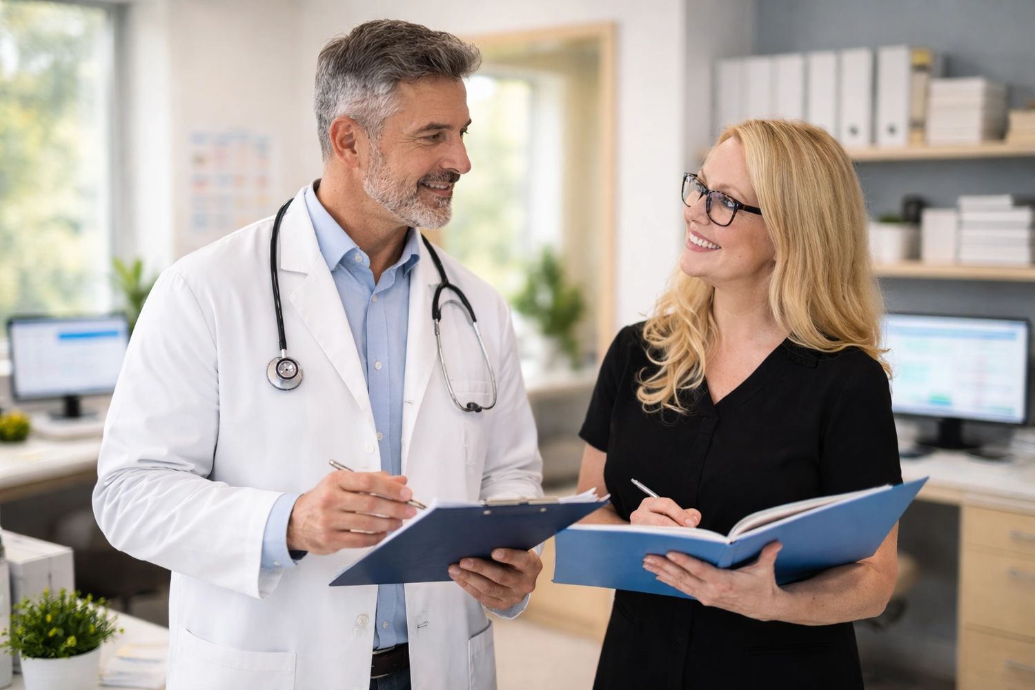 Two healthcare professionals discussing patient information with smiles.