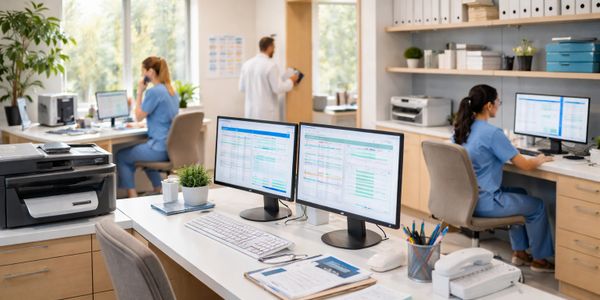 Medical office with staff working on computers and a doctor reviewing documents.
