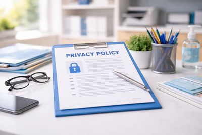 Privacy policy document on a clipboard with office supplies on a desk.