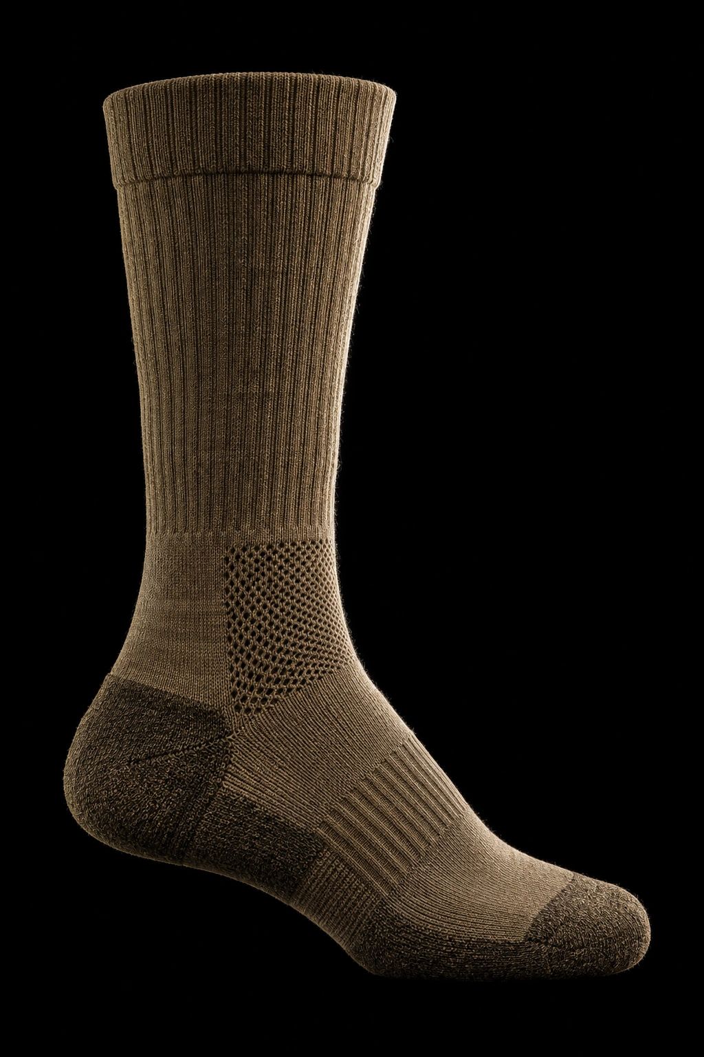 Brown ribbed sock with reinforced sole and toe.