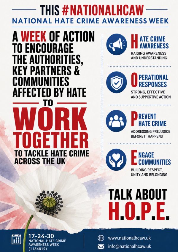 Poster for National Hate Crime Awareness Week encouraging action and hope.