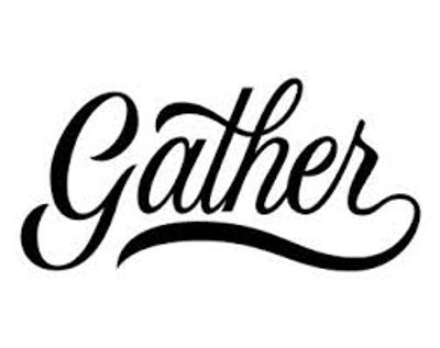 Elegant black script of the word 'Gather' on a white background.