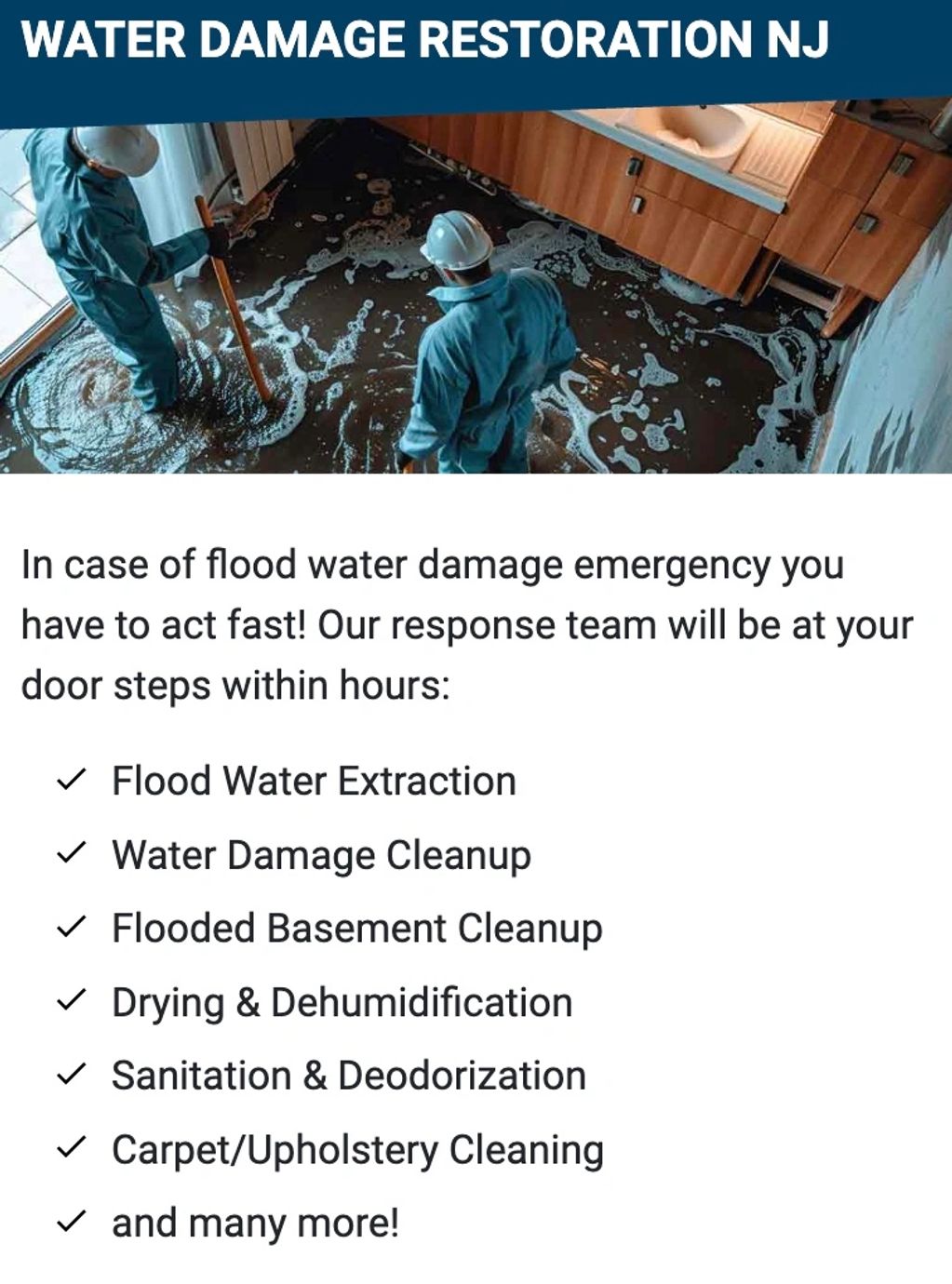 24/7 water damage restoration in NJ, tackling floods, leaks, and mold with advanced equipment."
