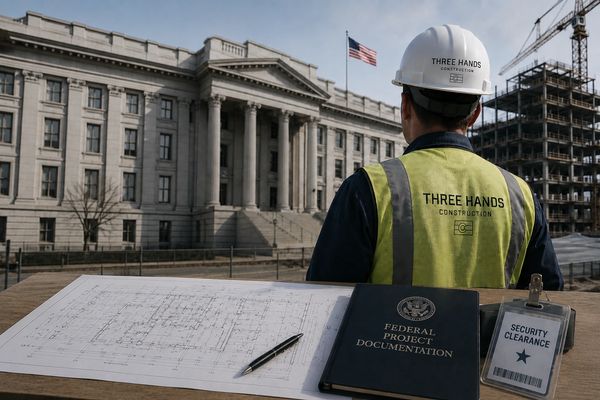 Construction worker overseeing federal building project with plans and security clearance.