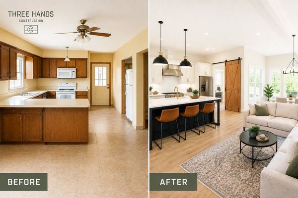 Before and after of a kitchen remodeled into a modern open living space.