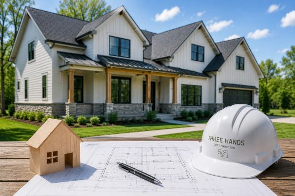 Modern house with architectural plans, a wooden model, and a construction helmet on a table.