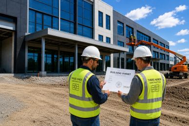 Two construction workers review a building permit at a construction site.