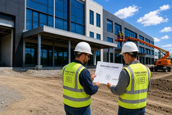 Two construction workers review a building permit at a construction site.