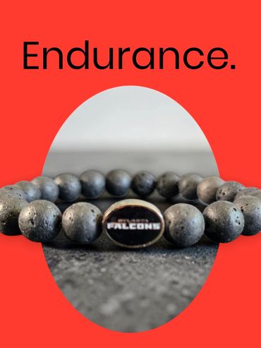 Black beaded bracelet with Atlanta Falcons logo and the word Endurance.