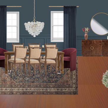 Navy dining room design with maroon accents