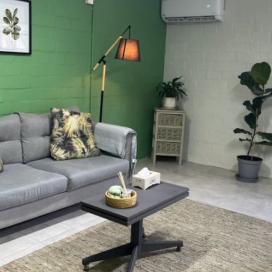 Cozy living room with a gray sofa, green accent wall, and modern decor.