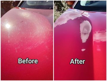 Before and after car paint restoration on a red vehicle.