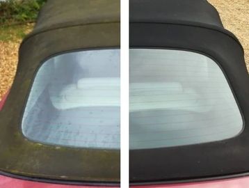 Side-by-side comparison of car windows before and after cleaning.