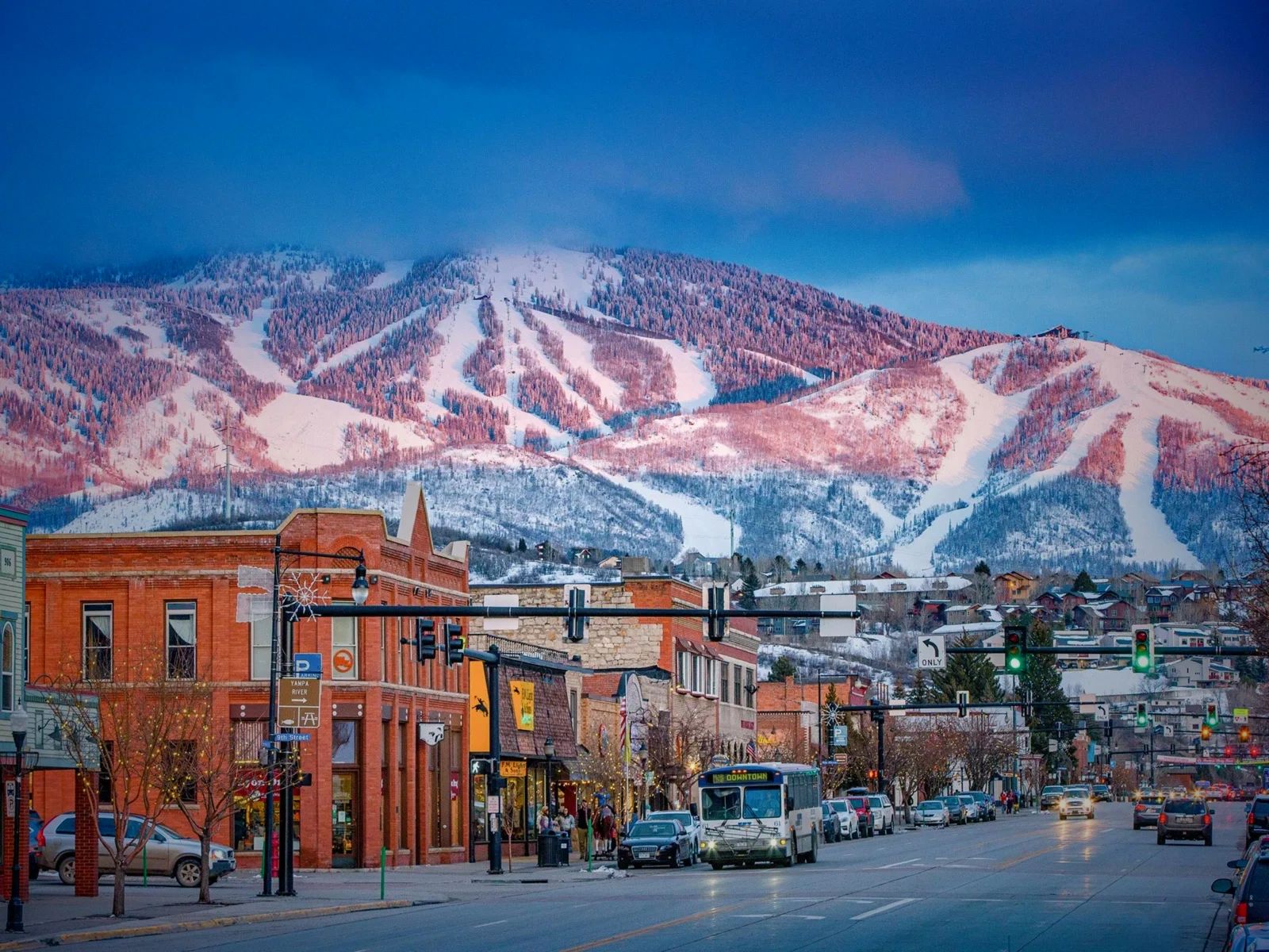 Downtown Steamboat Springs, CO in the winter with the mountain in the background.