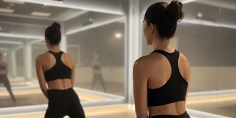 Woman in black workout attire standing in front of a mirror in a gym.