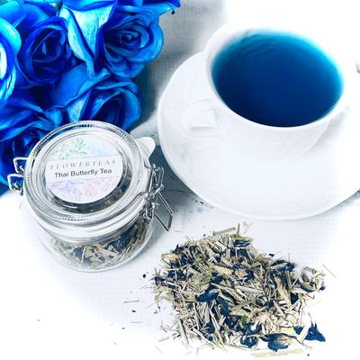 Thai Butterly Tea, a blend of blue pea flower and lemongrass yields a gorgeous blue color