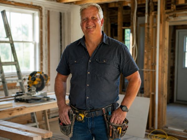 Smiling construction worker at a renovation site.