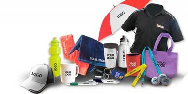 Promotional items like hats, mugs, shirts printed with Your Logo on them showing we supply them.