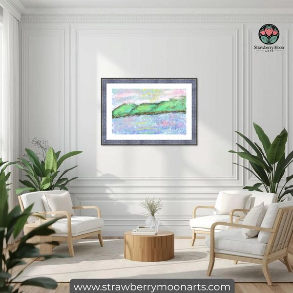 A sitting room with a pastel landscape hanging on the wall.