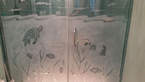 frosted custom sandblasted etched glass shower door 