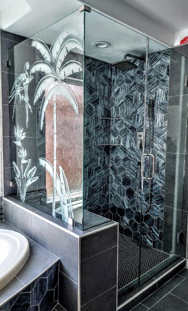 glass etched shower door with tropical leaves sandblasted in phoenix, az
