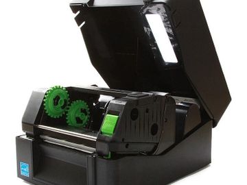 A black thermal printer with green gears and an open lid.