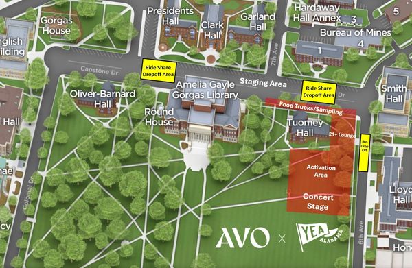 Event map showing concert and ride share dropoff areas around Amelia Gayle Gorgas Library.