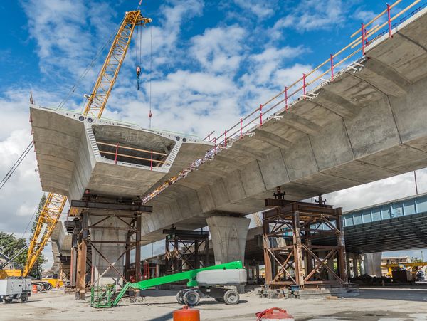 Heavy machinery and workers working on the construction of a new viaduct.
