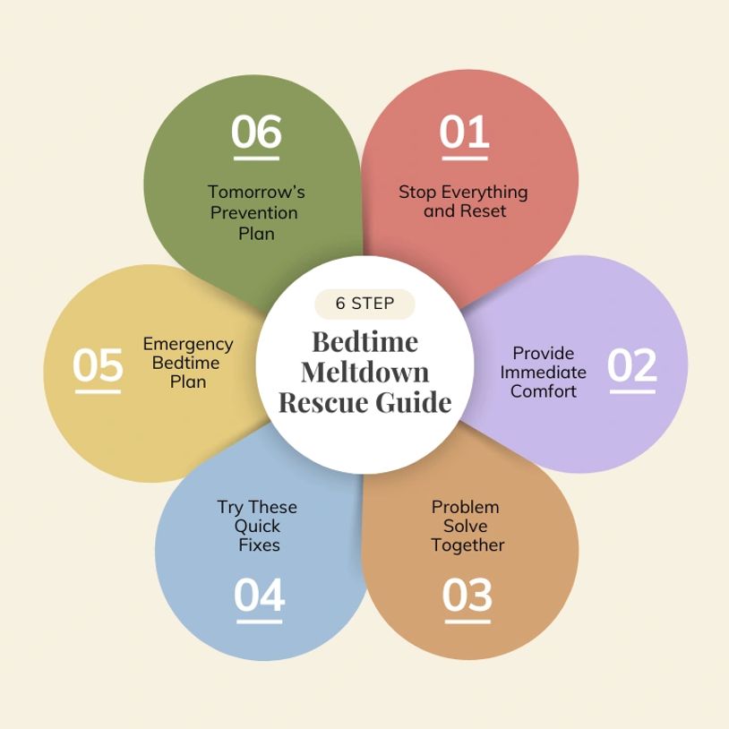Flower image with title: 6 Step Bedtime Meltdown Rescue Guide in center, petals list 6 steps.