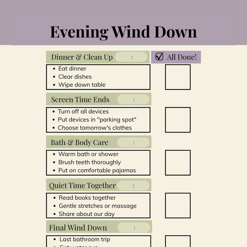 Preview of Evening Wind Down Checklist Visual Schedule with All Done checkboxes and editable times