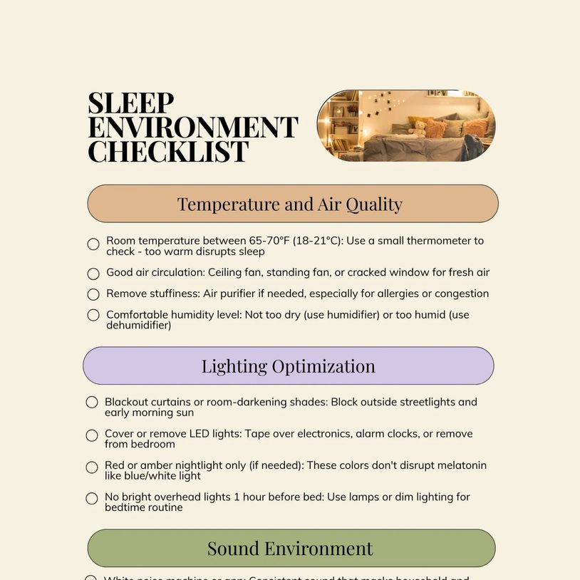 Image of cozy bedroom and words Sleep Environment Checklist with preview of checklist. 