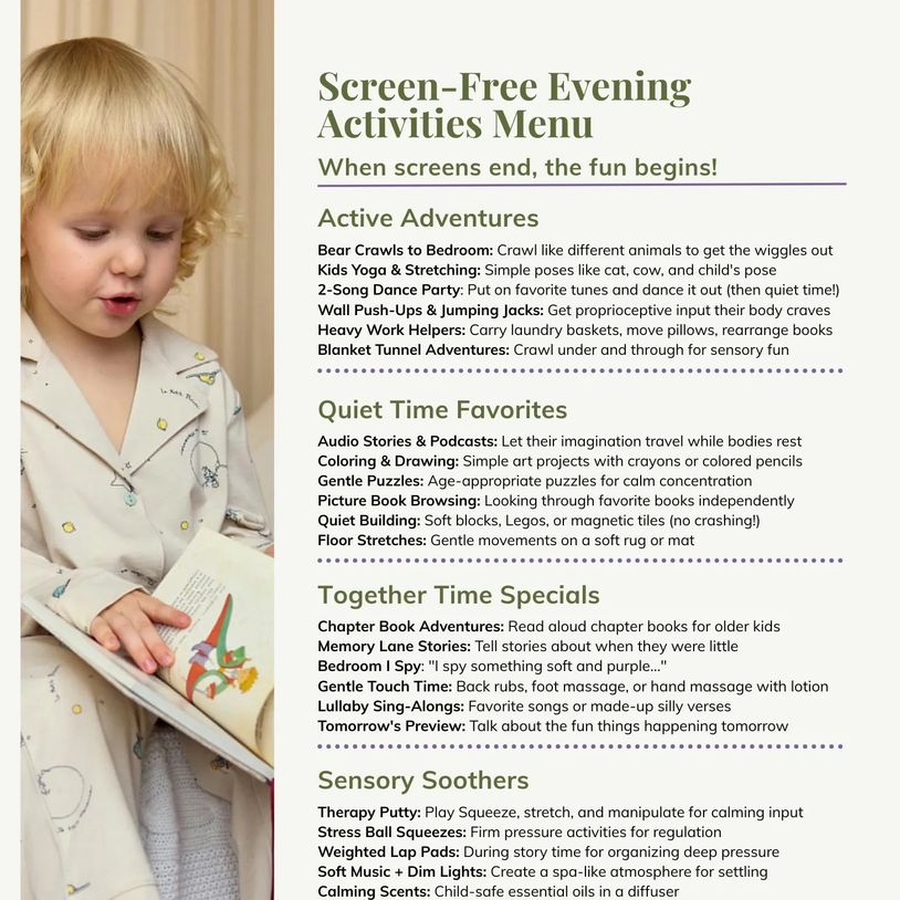 Image of child reading and preview of Screen Free Evening Activities Menu: including screen time alternatives and evening activities for kids.