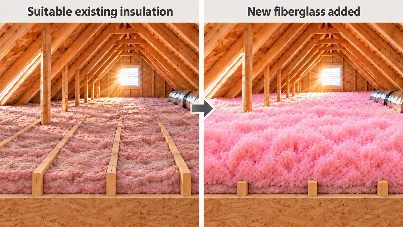 Attic Refresh illustration: existing and added fiberglass; Insulation Magic, Charlotte NC.