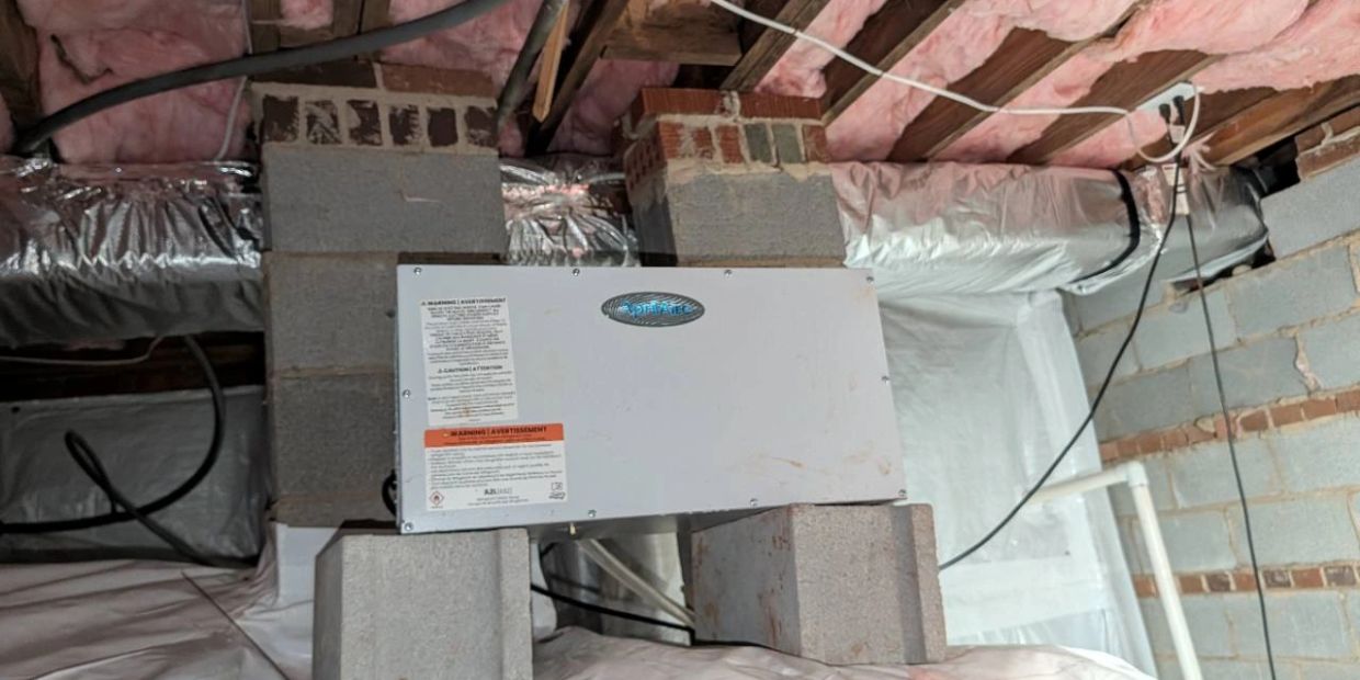 Raised crawlspace dehumidifier beside a ground liner and installed floor insulation.