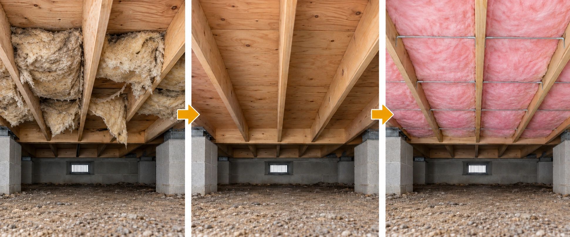 Crawlspace replacement illustration: old and new floor insulation. Insulation Magic, Charlotte NC.
