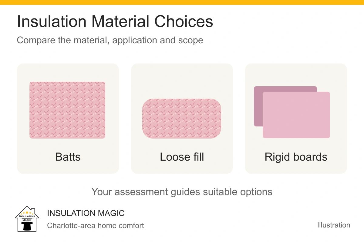 Illustration comparing insulation materials; Insulation Magic, serving Charlotte, NC.